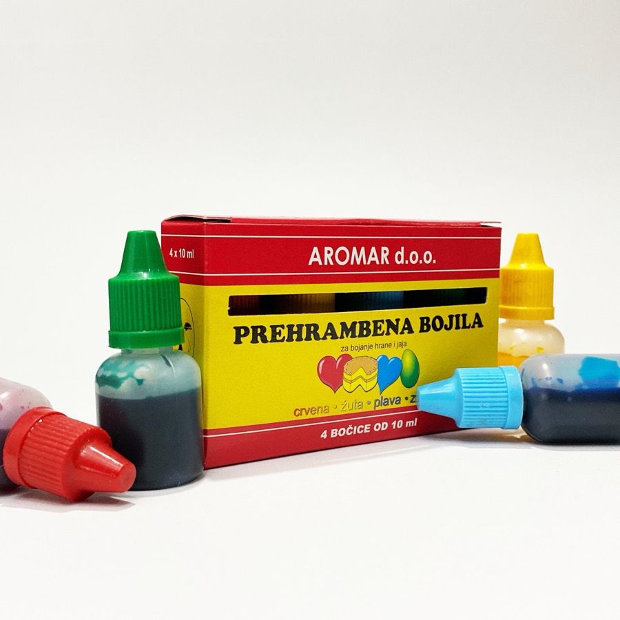 Aromar prehrambena bojila — kutija i bočice u četiri boje