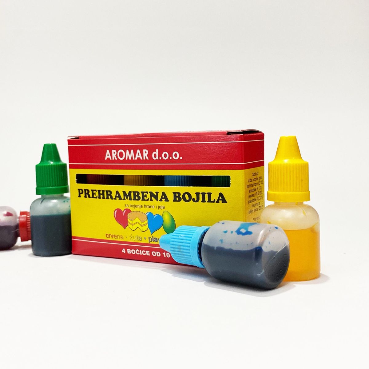Kutija prehrambenih bojila s bočicama
