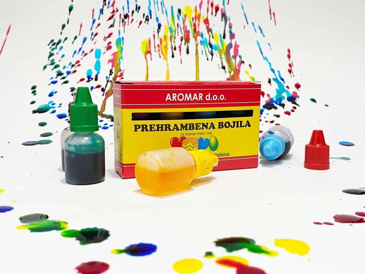 Aromar prehrambena bojila — kutija i bočice